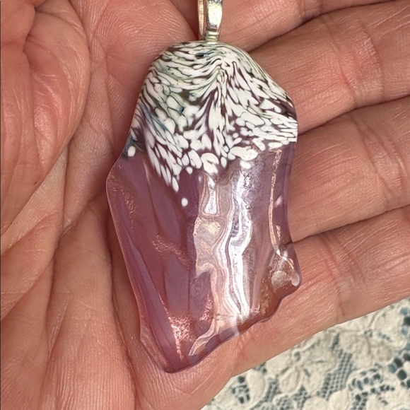 Artisan  Pink & White  Handmade USA  Fused Glass Pendant - Picture 5 of 6